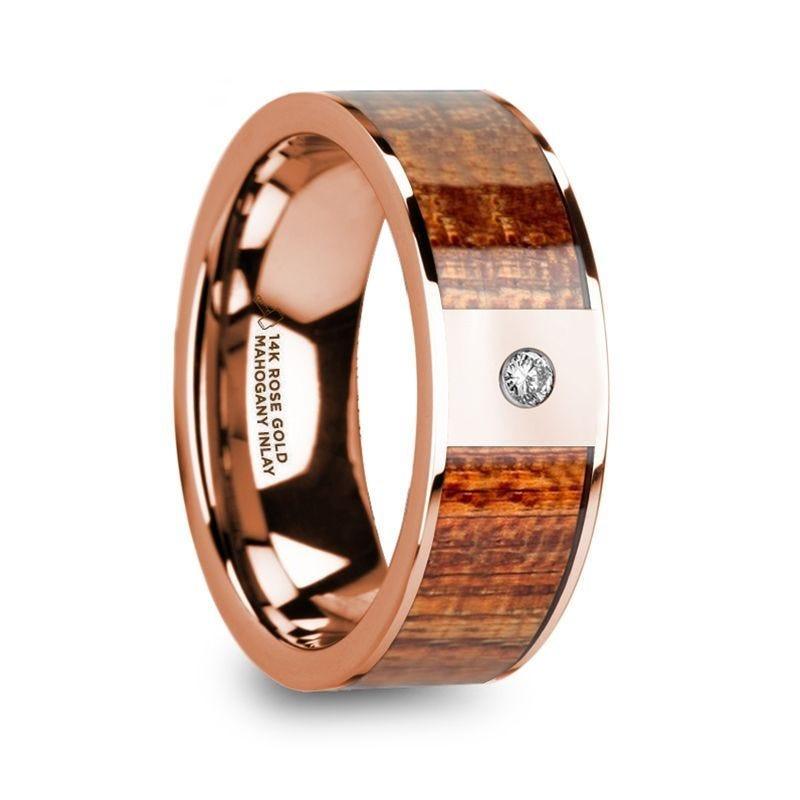 NIKIAS Men���s Polished 14k Rose Gold Wedding Band with Mahogany Wood Inlay & Diamond - 8mm