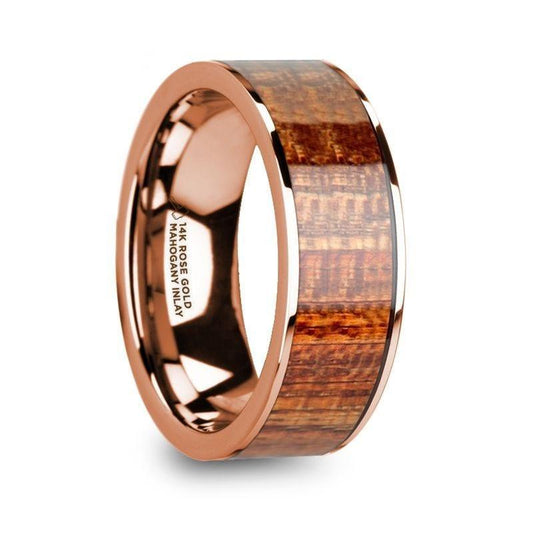 OLYMPIAS 14k Rose Gold & Mahogany Wood Inlaid Men's Wedding Band with Polished Finish - 8mm - Thorsten Rings