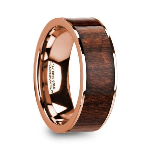 OLYMPOS Polished 14k Rose Gold Men's Wedding Ring with Carpathian Wood Inlay - 8mm - Thorsten Rings