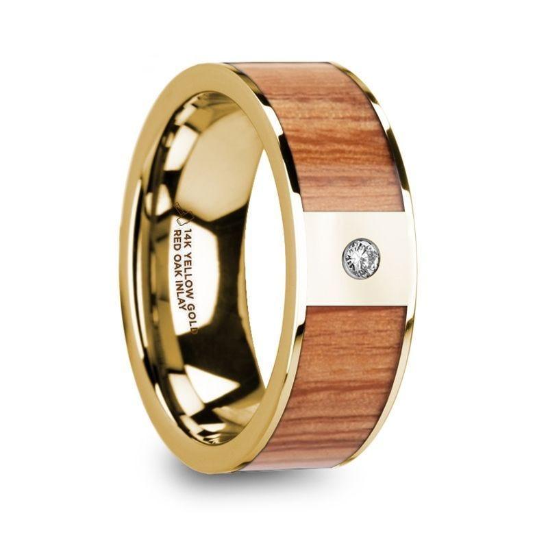 ONESIMOS Men's Polished 14k Yellow Gold & Red Oak Wood Inlaid Wedding Ring with Diamond - 8mm - Thorsten Rings