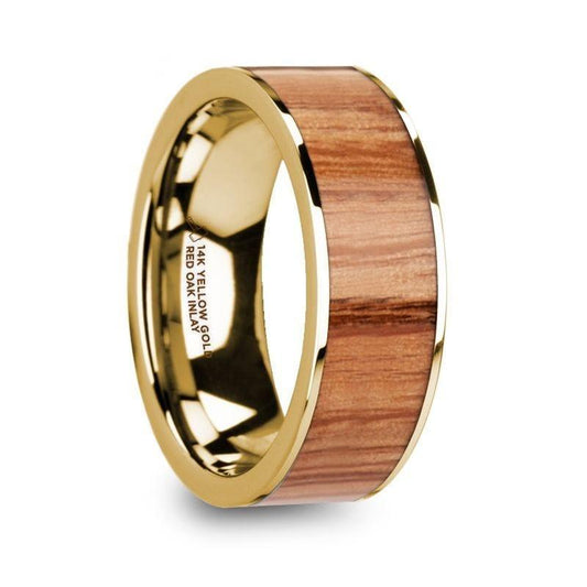 PANTHER Polished 14k Yellow Gold Men's Wedding Ring with Red Oak Wood Inlay - 8mm - Thorsten Rings