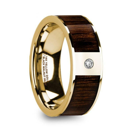 PANTHERAS Polished 14k Yellow Gold Men's Wedding Band with Black Walnut Inlay & Diamond - 8mm - Thorsten Rings