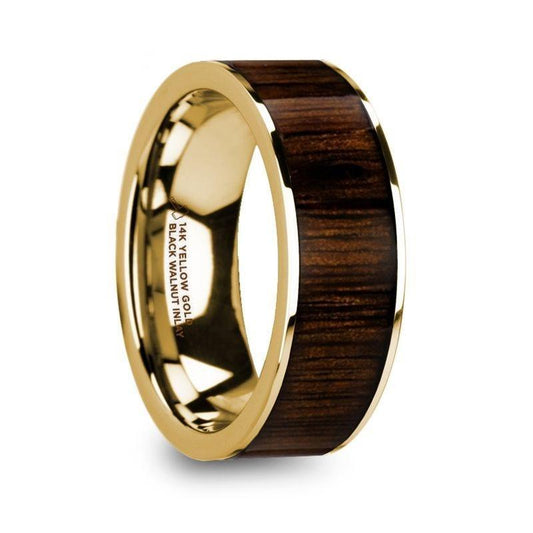 PELAGIA Men's Polished 14k Yellow Gold with Black Walnut Inlay Wedding Ring - 8mm - Thorsten Rings