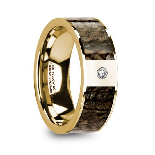 PHILANDROS Polished 14k Yellow Gold with Brown Dinosaur Bone Inlay Men's Wedding Band with Diamond - 8mm - Thorsten Rings