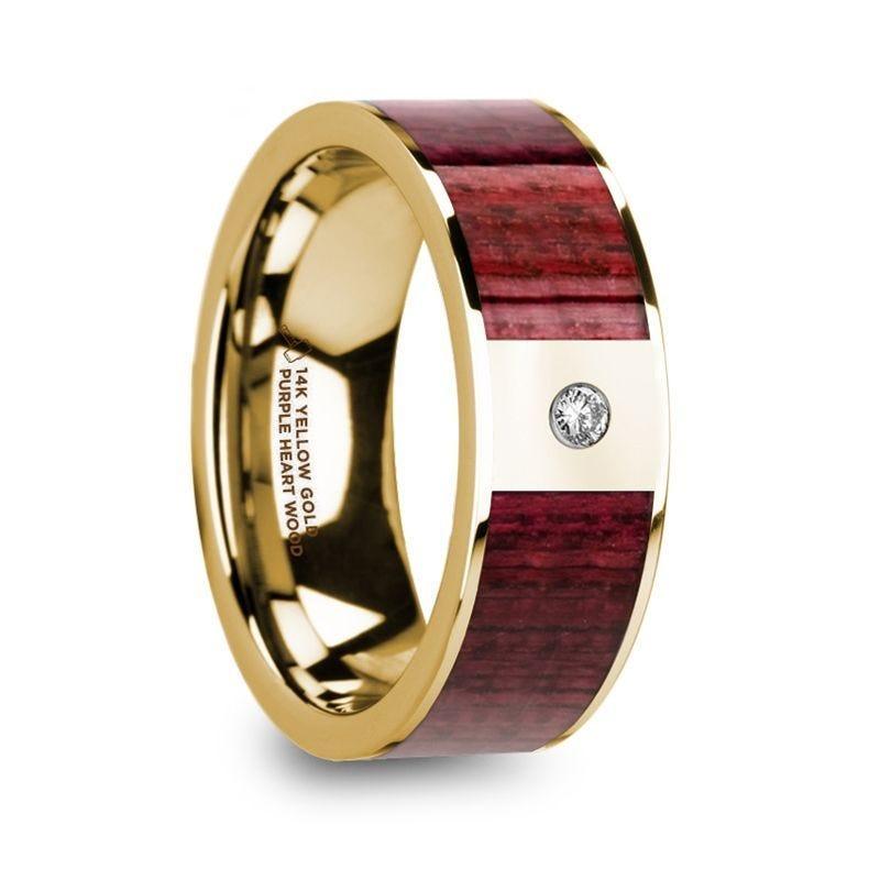 PHILE Purpleheart Inlaid 14k Yellow Gold Men's Wedding Band with Diamond & Polished Finish - 8mm - Thorsten Rings