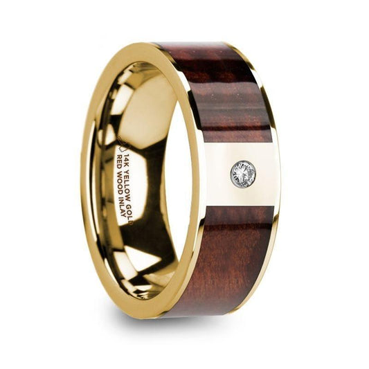 PHOCAS 14k Yellow Gold Men's Polished Wedding Band with Red Wood Inlay & Diamond - 8mm - Thorsten Rings