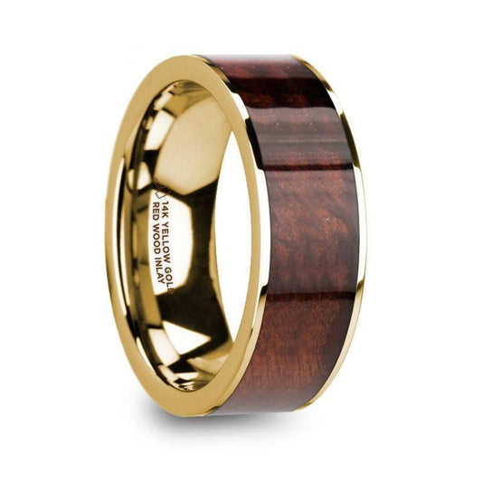 PHOIBOS Men's 14k Yellow Gold Flat Wedding Ring with Red Wood Inlay - 8mm - Thorsten Rings