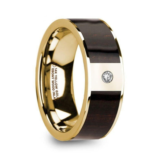 SERGIOS Men's 14k Yellow Gold with Ebony Wood Inlay Flat Wedding Ring with Diamond Center - 8mm - Thorsten Rings
