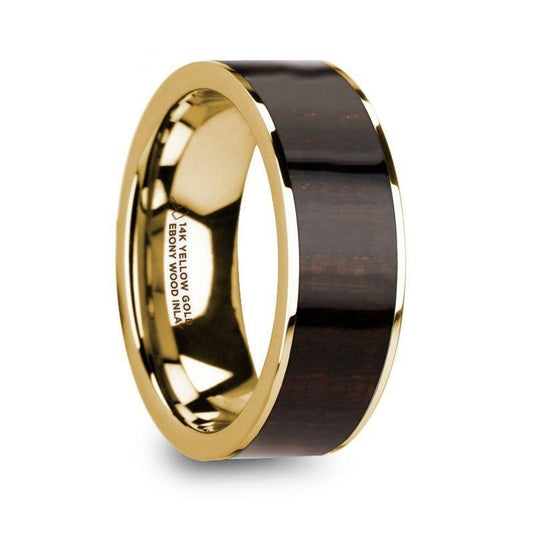 SYMEON Men's Polished 14k Yellow Gold Flat Wedding Ring with Ebony Wood Inlay - 8mm - Thorsten Rings