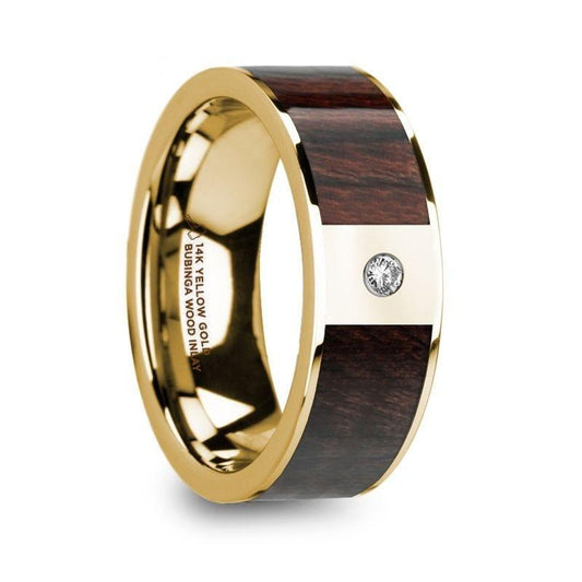 TARAS Bubinga Wood Inlaid 14k Yellow Gold Men's Ring with Diamond Center & Polished Finish - 8mm - Thorsten Rings