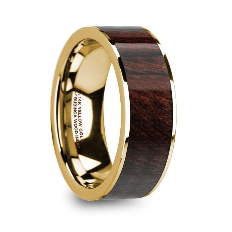 SOLON 14k Yellow Gold & Bubinga Wood Inlaid Men���s Flat Wedding Ring with Polished Finish - 8mm