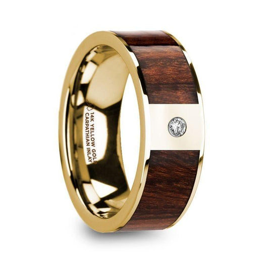 SOPHOS Men's Carpathian Wood Inlaid Polished 14k Yellow Gold Wedding Band with Diamond - 8mm - Thorsten Rings