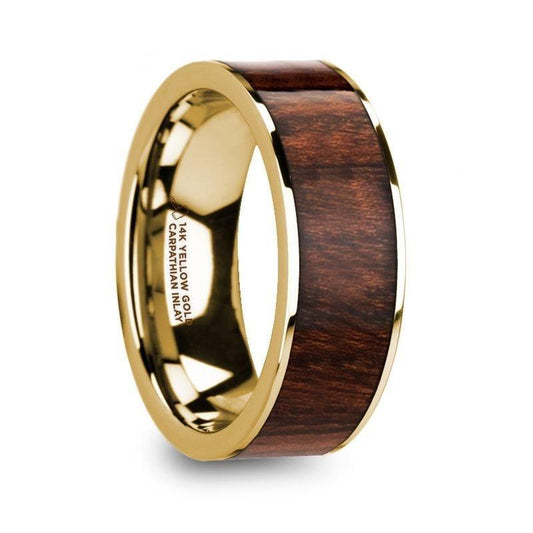 SOPHUS Men's 14k Yellow Gold Polished Flat Wedding Ring with Carpathian Wood Inlay - 8mm - Thorsten Rings
