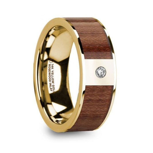 STEPHANOS Men's Polished 14k Yellow Gold & Rosewood Inlay Flat Wedding Ring with Diamond - 8mm - Thorsten Rings