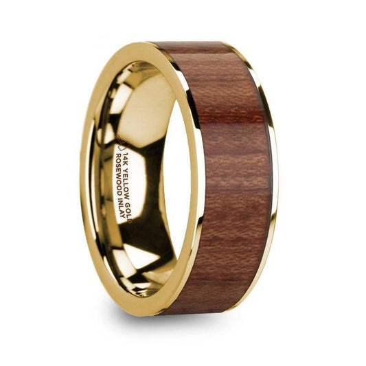 TELAMON Polished 14k Yellow Gold Men's Flat Wedding Ring with Rosewood Inlay - 8mm - Thorsten Rings
