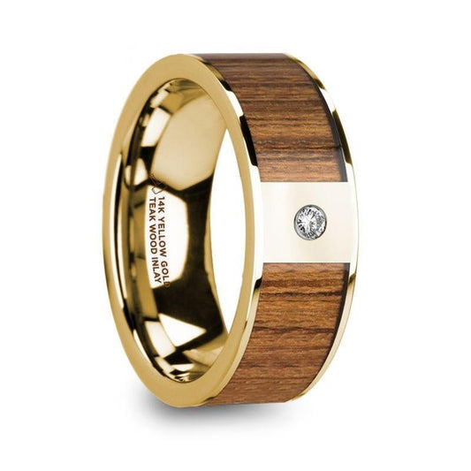 THEODOROS Polished 14k Yellow Gold Men's Wedding Band with Teak Wood Inlay & Diamond - 8mm - Thorsten Rings
