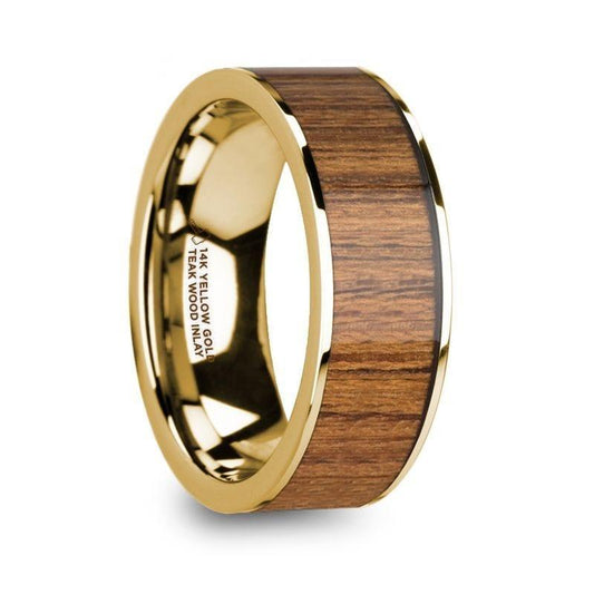 TERIS Men's Polished 14k Yellow Gold Wedding Ring with Teak Wood Inlay - 8mm - Thorsten Rings
