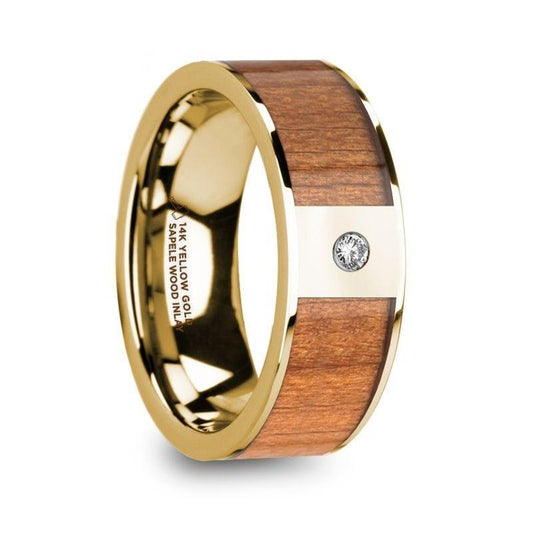 SPYROS Men's Sapele Wood Inlaid 14k Yellow Gold Polished Wedding Ring with Diamond Center - 8mm - Thorsten Rings