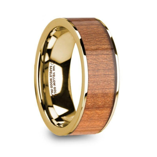 SPIRO Men's Polished 14k Yellow Gold Flat Wedding Ring with Sapele Wood Inlay - 8mm - Thorsten Rings