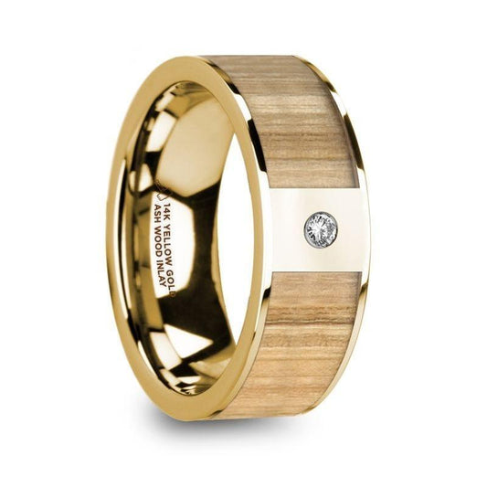 METIS Men's Polished 14k Yellow Gold Wedding Band with Ash Wood Inlay & Diamond - 8mm - Thorsten Rings