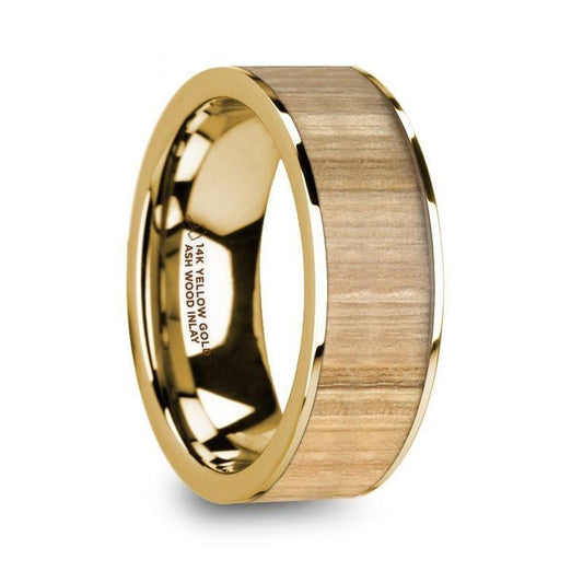 TOBIAS Polished 14k Yellow Gold Men's Flat Wedding Band with Ash Wood Inlay - 8mm - Thorsten Rings