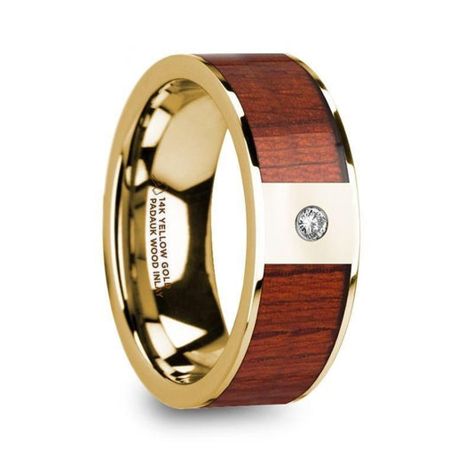 TOBIT Men's Polished 14k Yellow Gold Wedding Ring with Padauk Wood Inlay & Diamond - 8mm - Thorsten Rings