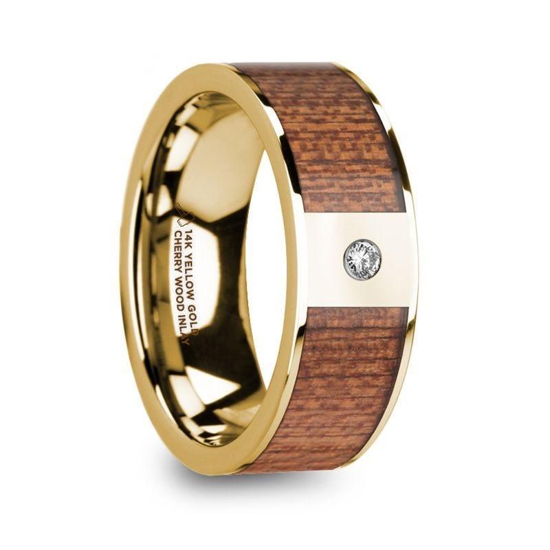 VANGELIS Men���s Diamond Center Polished 14k Yellow Gold Wedding Ring with Cherry Wood Inlay - 8mm
