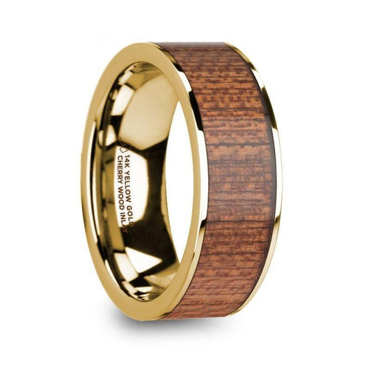 VASILIOS Cherry Wood Inlaid Polished 14k Yellow Gold Men's Flat Wedding Ring - 8mm - Thorsten Rings