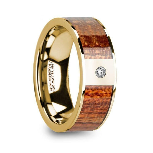 XANTHOS Men's Mahogany Wood Inlaid Polished 14k Yellow Gold Wedding Band with Diamond - 8mm - Thorsten Rings