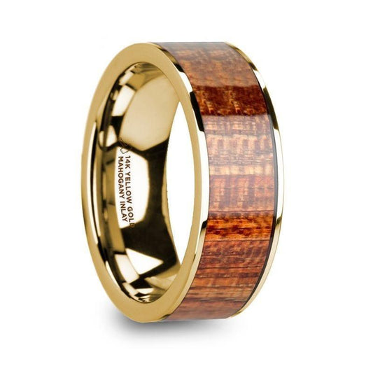 YANNI Polished 14k Yellow Gold Men's Flat Wedding Band with Mahogany Wood Inlay - 8mm - Thorsten Rings