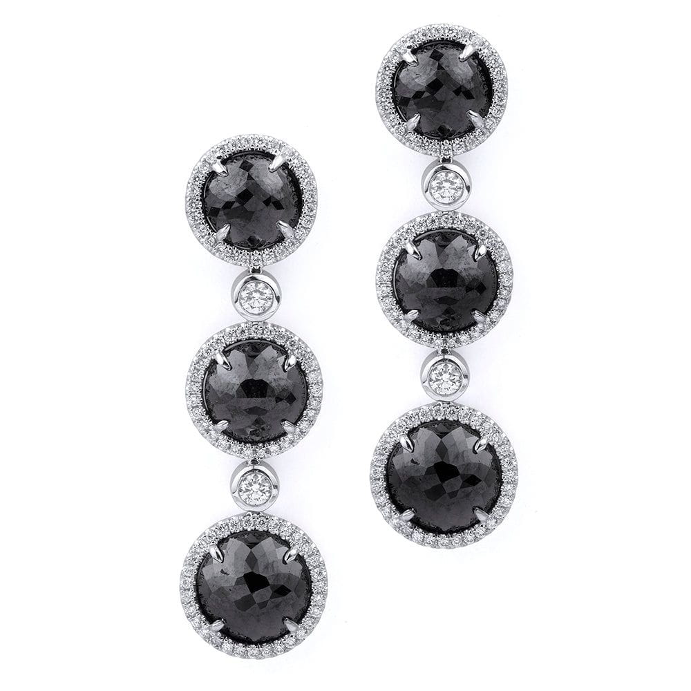 Triple Drop Round Black Diamond Earrings