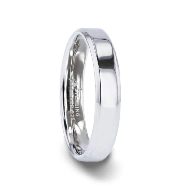 LUCY Silver Polished Finish Flat Center Women's Wedding Band With Beveled Edges - 4mm - Thorsten Rings