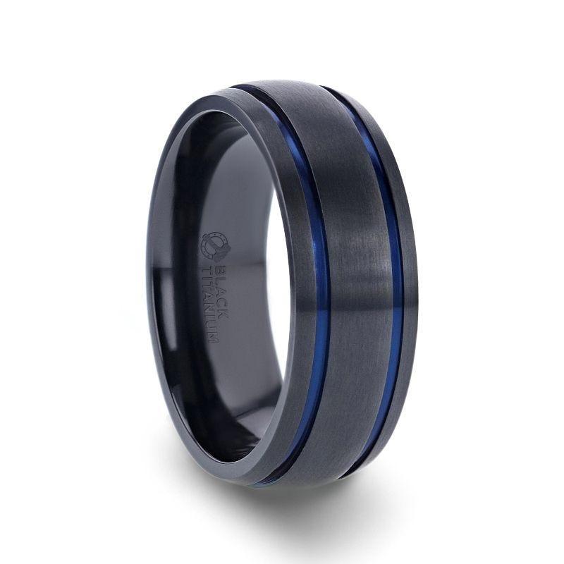 SHERIFF Domed Black Titanium Brushed Finish Men's Wedding Ring with Blue Grooves 8mm - Thorsten Rings