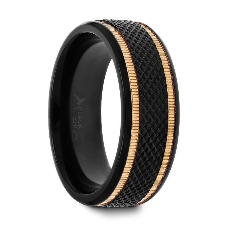 BAROQUE Black Titanium Diamond Pattern Brushed Finish Men's Wedding Ring with Gold Milgrain Grooves 8mm - Thorsten Rings