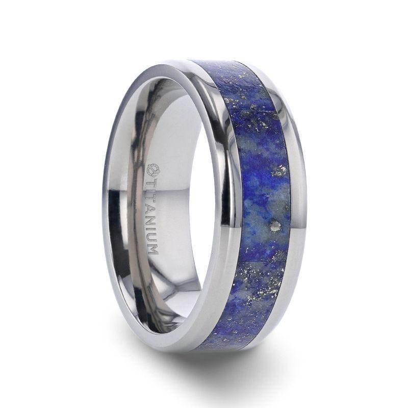 MALONE Men's Titanium Wedding Ring with Blue Lapis Inlay & Beveled Edges - 8mm - Thorsten Rings
