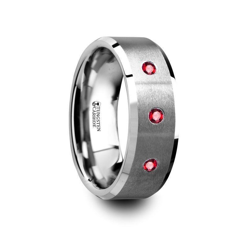 NEREUS Brushed Tungsten Flat Wedding Band with Polished Beveled Edges & Rubies - 8mm - Thorsten Rings