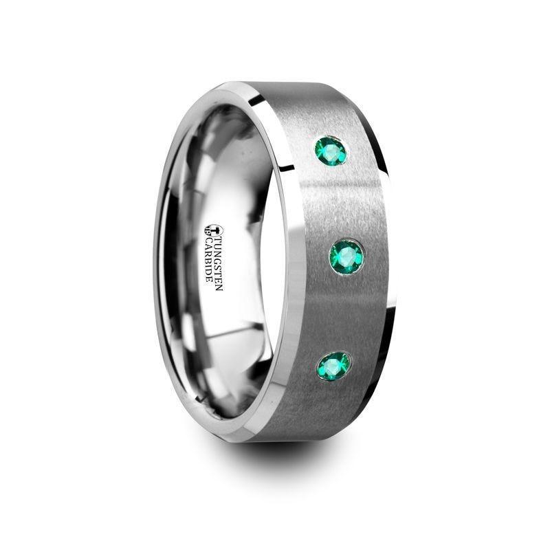 ICARUS Brushed Tungsten Men's Wedding Ring with Polished Beveled Edges & 3 Emeralds - 8mm - Thorsten Rings