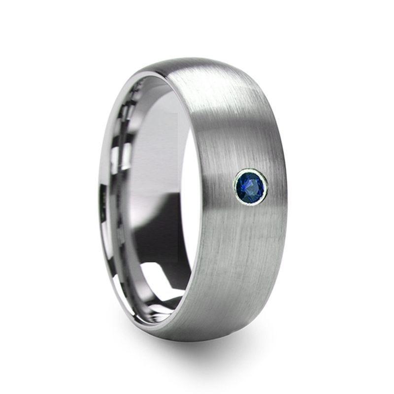 MELANTHIOS Men's Domed Brushed Tungsten Wedding Ring with Blue Diamond Center - 6mm & 8mm - Thorsten Rings