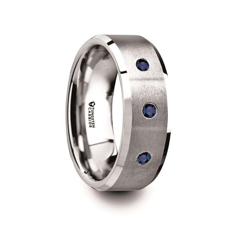 NAUTILUS Tungsten Satin Finished Center Polished Beveled Edges Men's Wedding Band with 3 Blue Sapphires - 8mm - Thorsten Rings