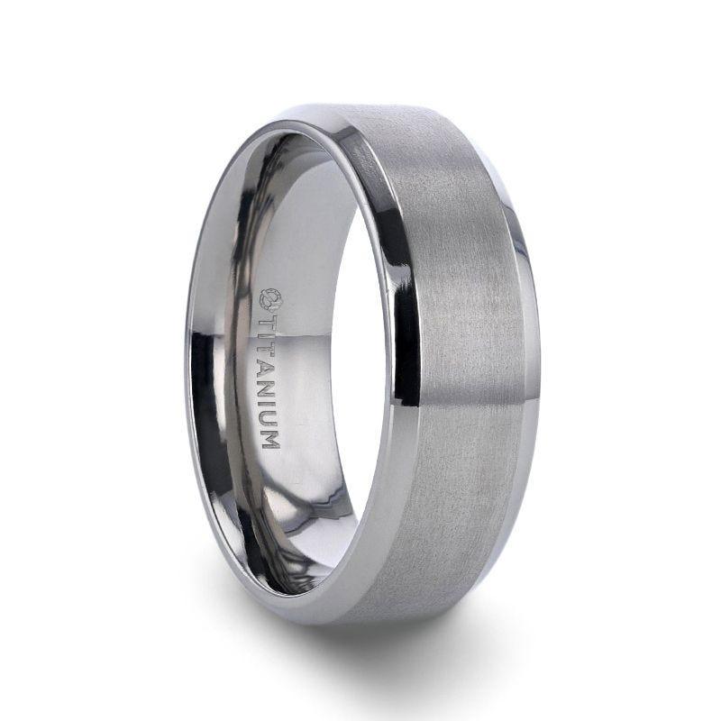 SHIRE Titanium Brushed Center Men's Flat Wedding Ring with Polished Beveled Edges - 6mm & 8mm - Thorsten Rings