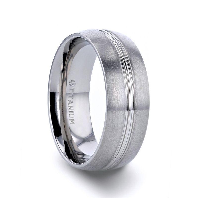 UPTON Titanium Brushed Finish Men's Wedding Ring with Polished Grooved Center - 8mm - Thorsten Rings