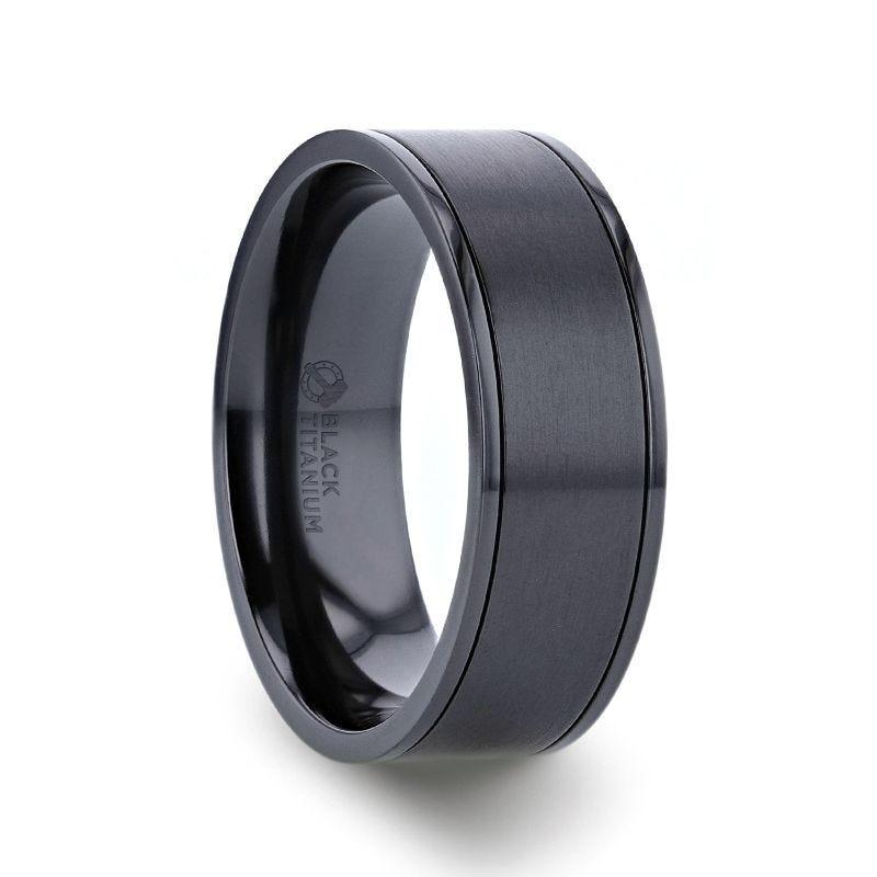 WOLFGANG Black Titanium Brushed Finish Men's Wedding Ring with Polished Dual Offset Grooves 6mm & 8mm - Thorsten Rings