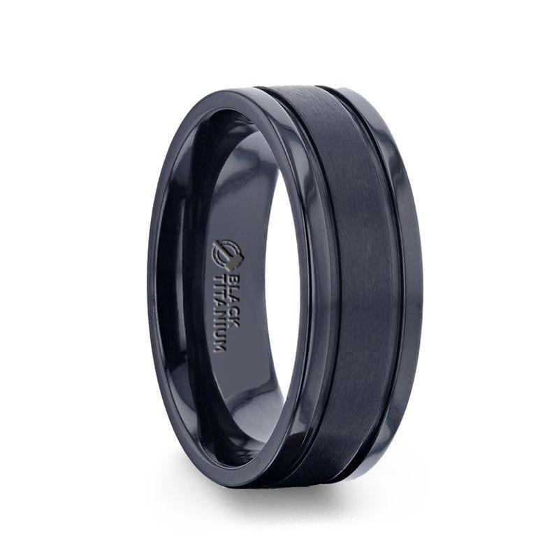 WOLVERINE Brushed Center Black Titanium Men's Wedding Band With Polished Dual Offset Grooves - 8mm - Thorsten Rings
