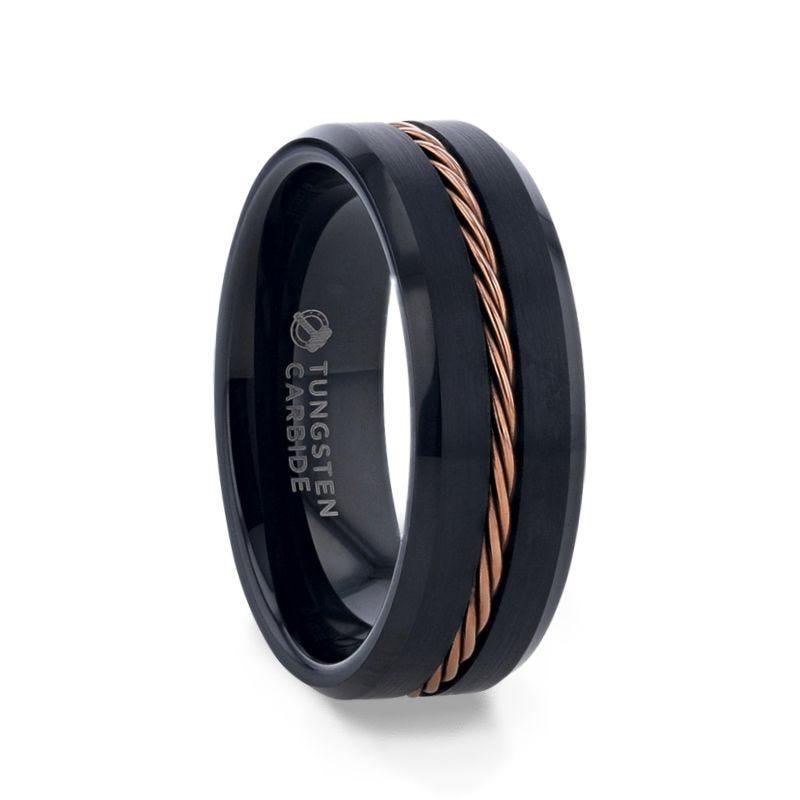 ADELARD Rose Gold Braided Brushed Center Black Tungsten Men's Wedding Band With Polished Beveled Edges - 8mm - Thorsten Rings