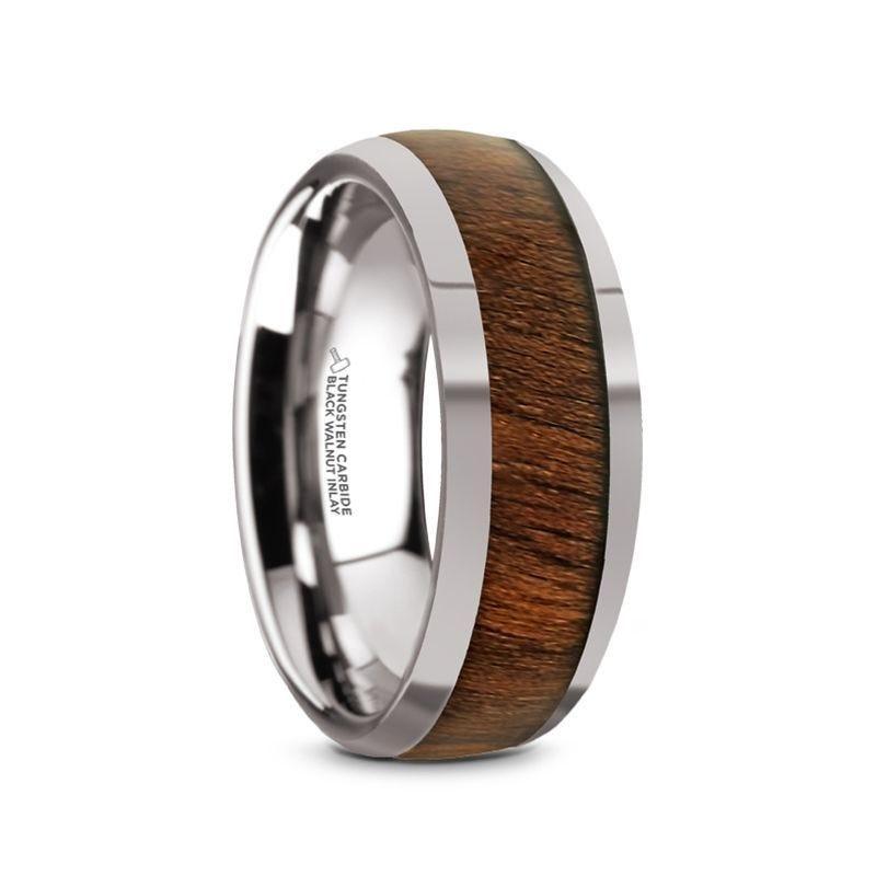 JUGLAN Tungsten Carbide Polished Finish Men's Domed Wedding Ring with Exotic Black Walnut Wood Inlay - 8mm - Thorsten Rings