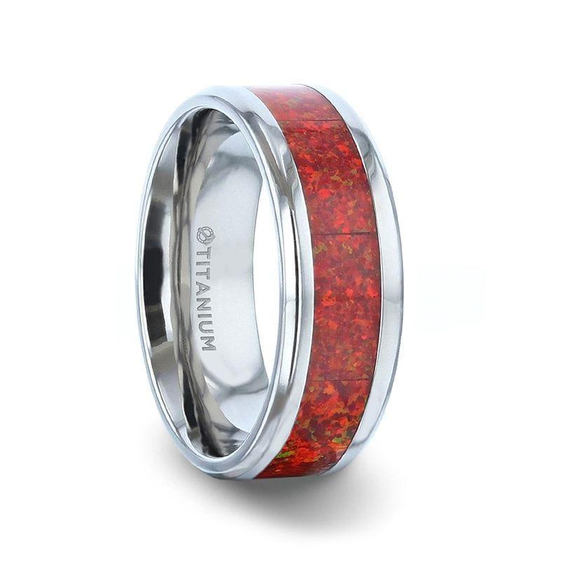 CASSIOPEIA Titanium Men 's Wedding Ring With Beveled Edges And Red Opal Inlay - 8mm - Thorsten Rings