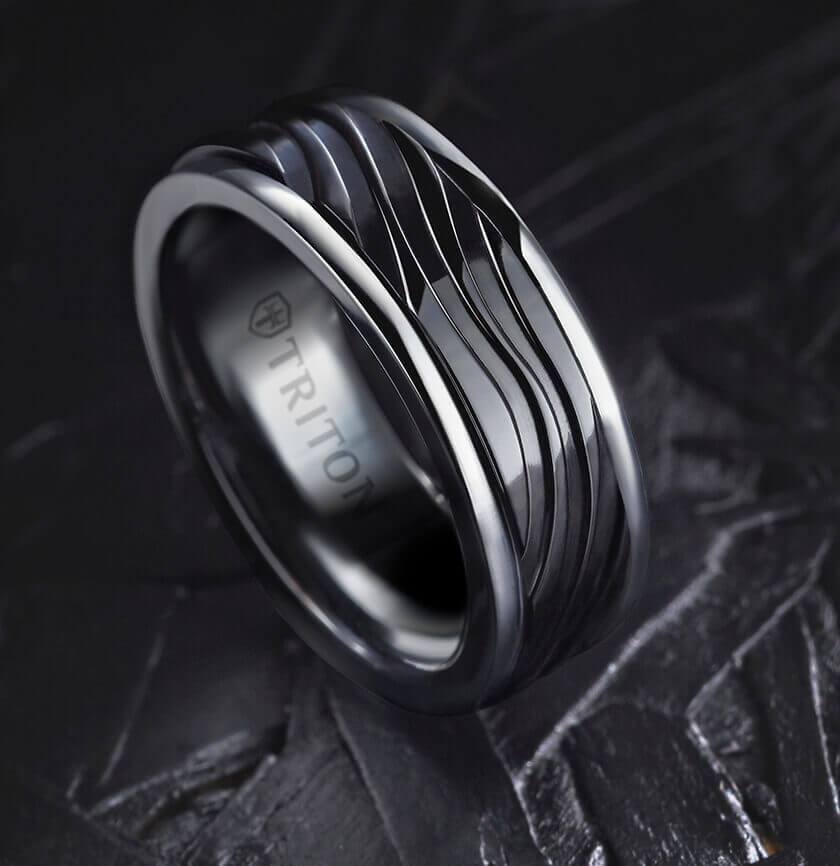 8MM Grey Tungsten Carbide Ring - Wave Black Titanium Insert with Round Edge