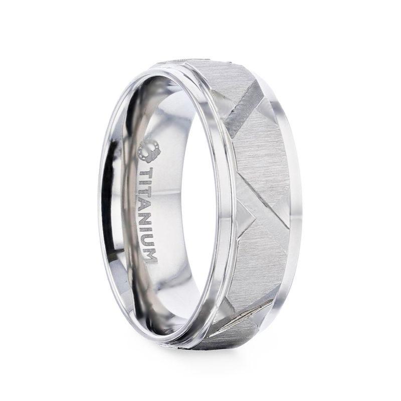 VIRAGE Raised Horizontal Etch and Diagon-Shaped Cuts Centered Titanium Men's Wedding Ring With Polished Step Edges - 8mm - Thorsten Rings