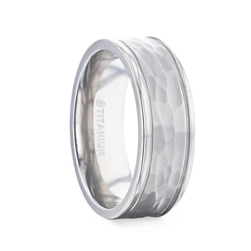 WILLIAM Hammered Finish Center White Titanium Men's Wedding Band With Dual Offset Grooves And Polished Edges - 8mm - Thorsten Rings