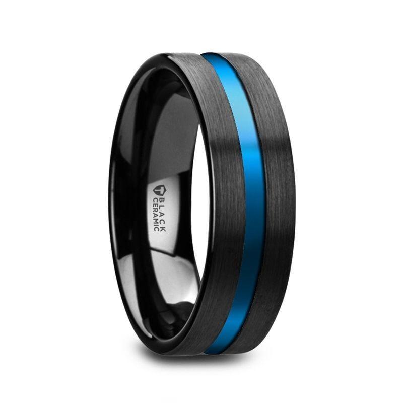 WESTLEY Flat Brushed Finish Black Ceramic Men's Wedding Ring with Blue Grooved Center - 8mm - Thorsten Rings